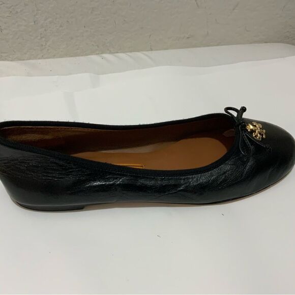 Tory Burch Tory Charm Ballet Flat 10 M Perfect Black Goat Leather Gold Logo $268 - Picture 1 of 11